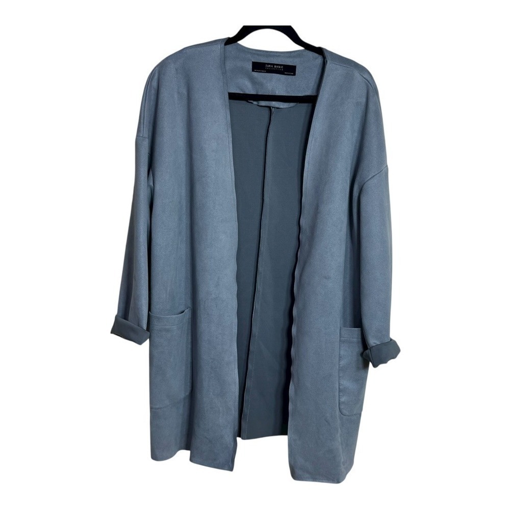 Zara Basic Collection Open Front Long Sleeve Suede Duster Jacket Blue Size M‎